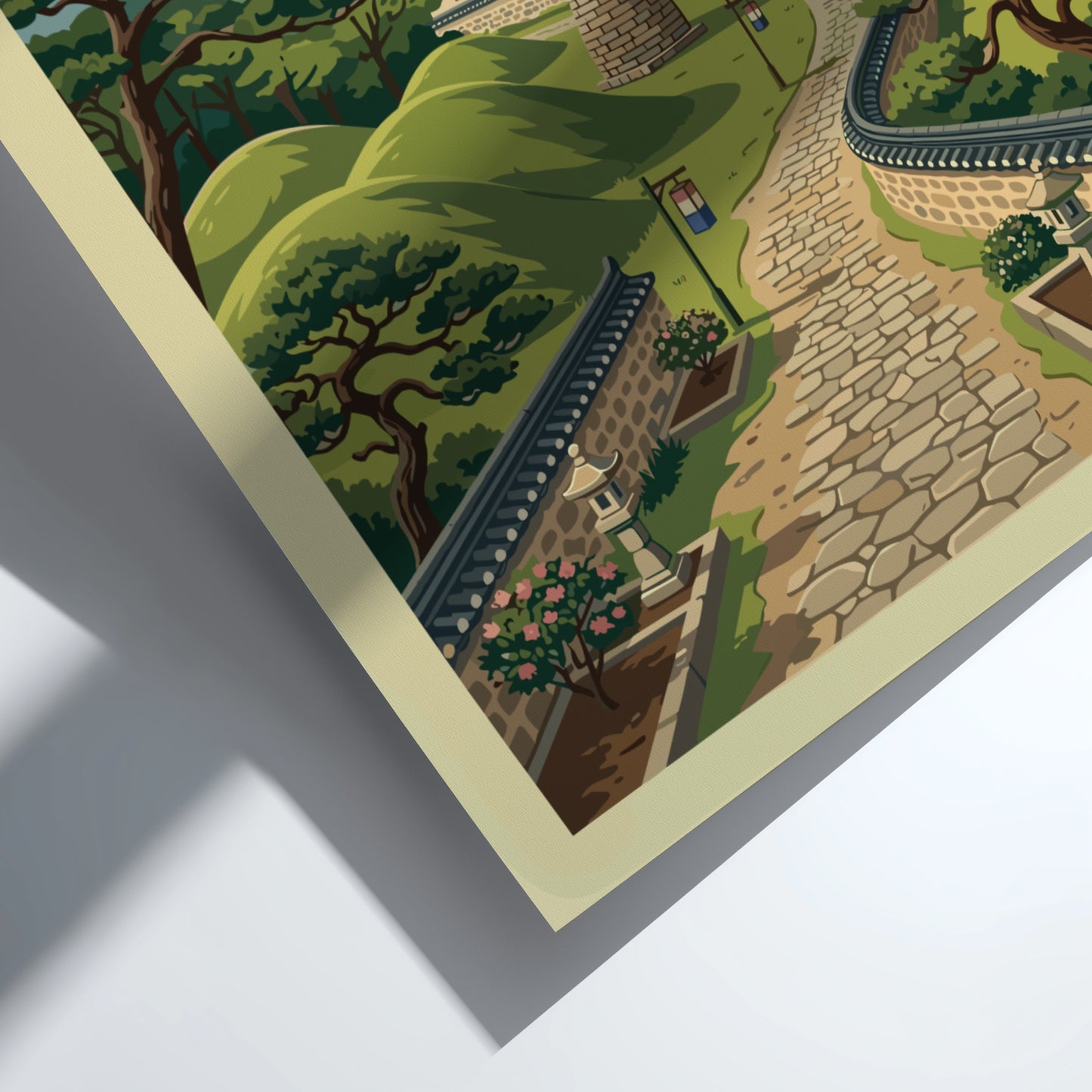 Gyeongju South Korea travel poster with vintage illustration of ancient Korean temples and hills.
