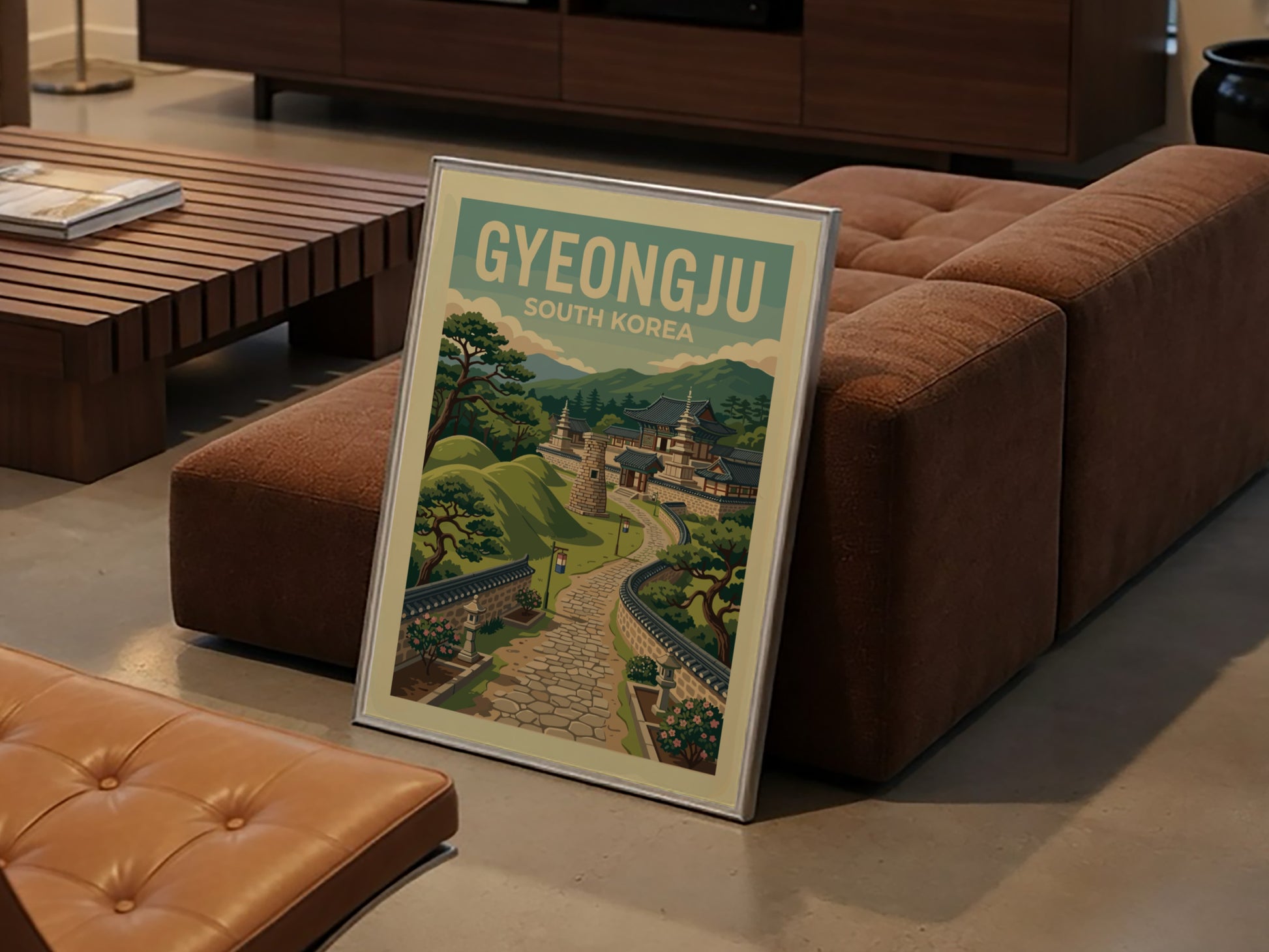 Gyeongju South Korea travel poster with vintage illustration of ancient Korean temples and hills.