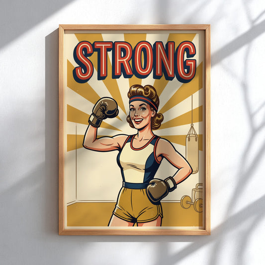 Poster of a confident woman wearing boxing gloves with the word Strong above her