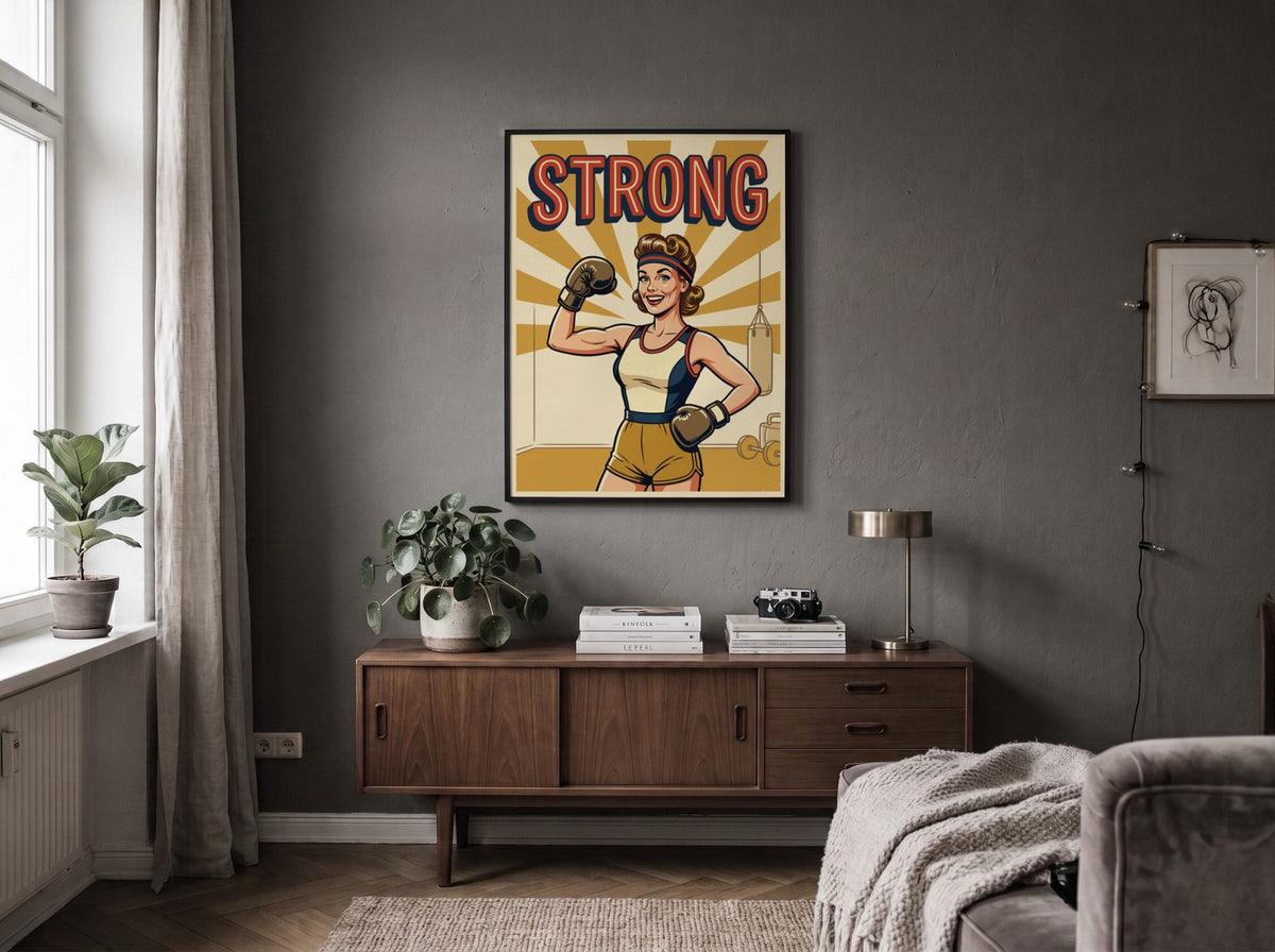 Poster of a confident woman wearing boxing gloves with the word Strong above her