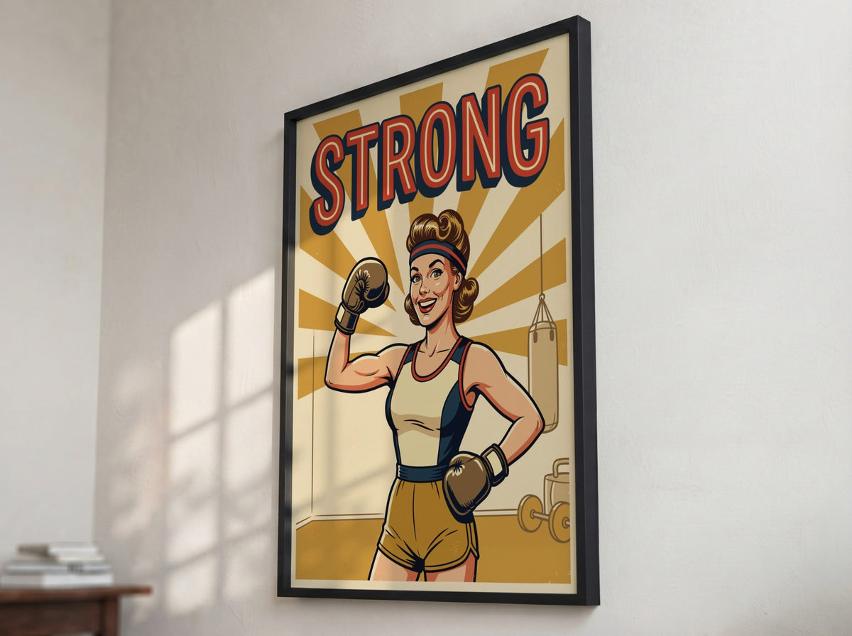 Poster of a confident woman wearing boxing gloves with the word Strong above her