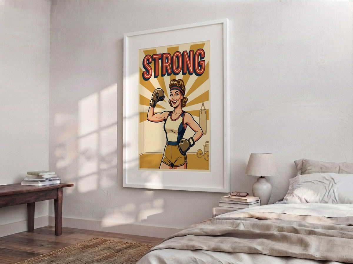 Poster of a confident woman wearing boxing gloves with the word Strong above her