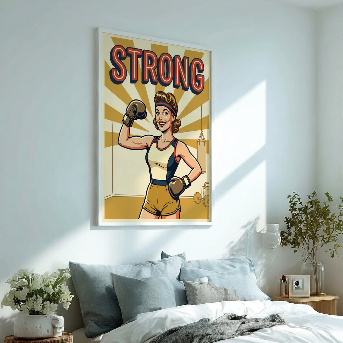 Poster of a confident woman wearing boxing gloves with the word Strong above her