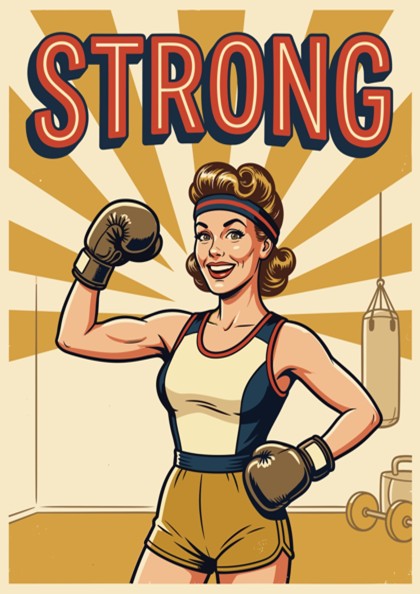 Poster of a confident woman wearing boxing gloves with the word Strong above her