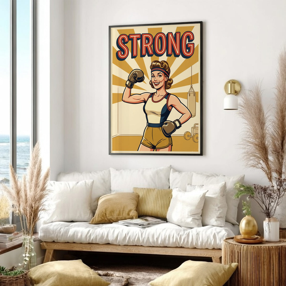 Poster of a confident woman wearing boxing gloves with the word Strong above her