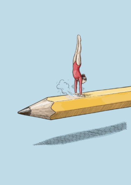 Poster featuring a gymnast performing a handstand on a giant yellow sharpened pencil
