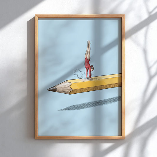 Poster featuring a gymnast performing a handstand on a giant yellow sharpened pencil