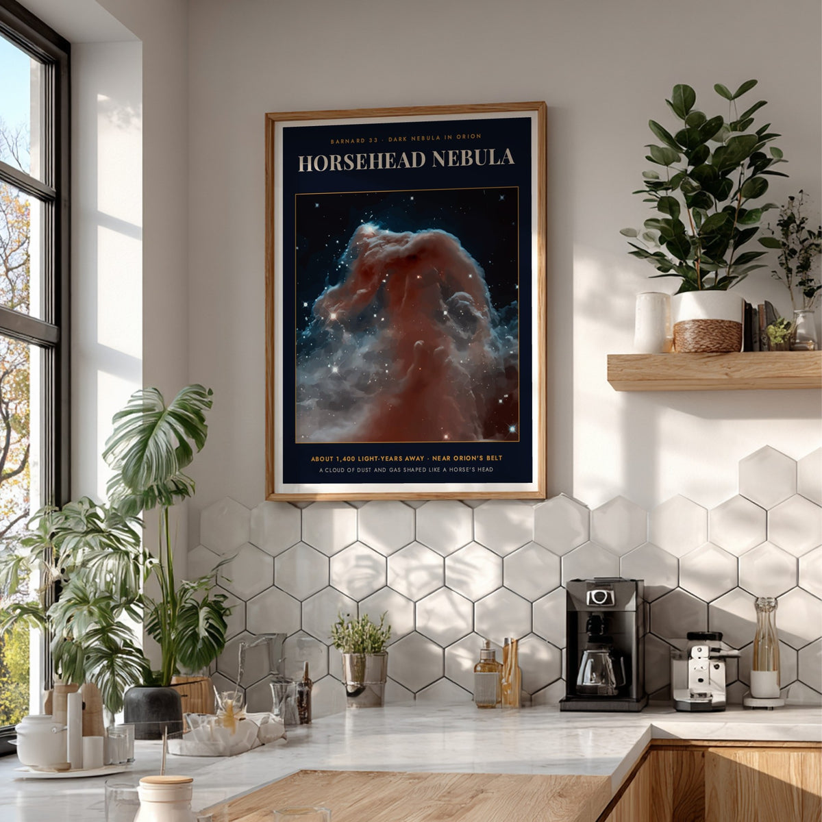 Horsehead Nebula poster featuring swirling dust clouds and bright stars against a dark background.