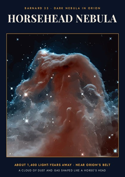 Horsehead Nebula poster featuring swirling dust clouds and bright stars against a dark background.
