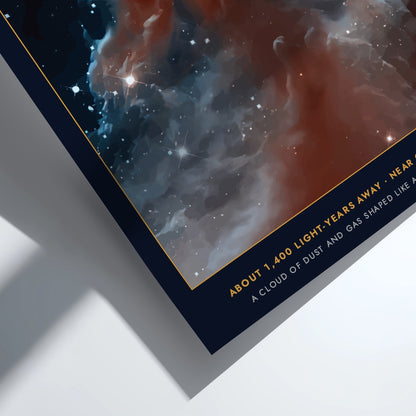 Horsehead Nebula poster featuring swirling dust clouds and bright stars against a dark background.