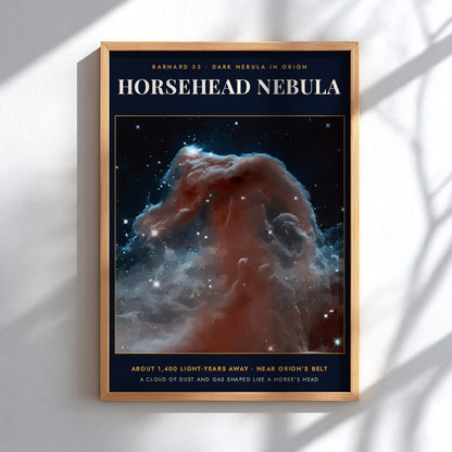 Horsehead Nebula poster featuring swirling dust clouds and bright stars against a dark background.