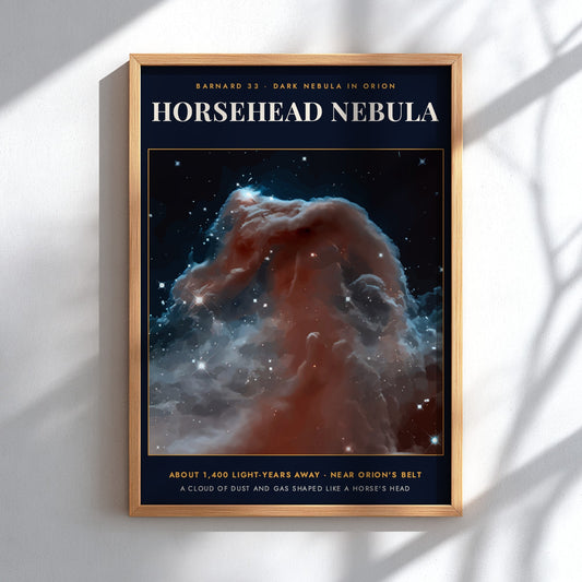 Horsehead Nebula poster featuring swirling dust clouds and bright stars against a dark background.