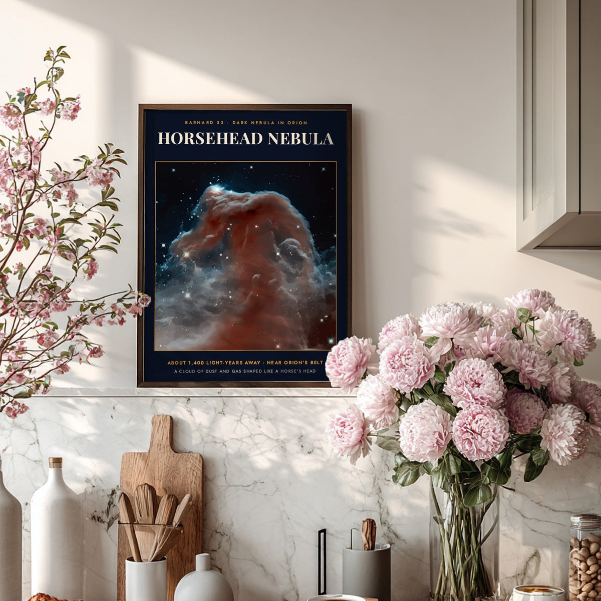 Horsehead Nebula poster featuring swirling dust clouds and bright stars against a dark background.