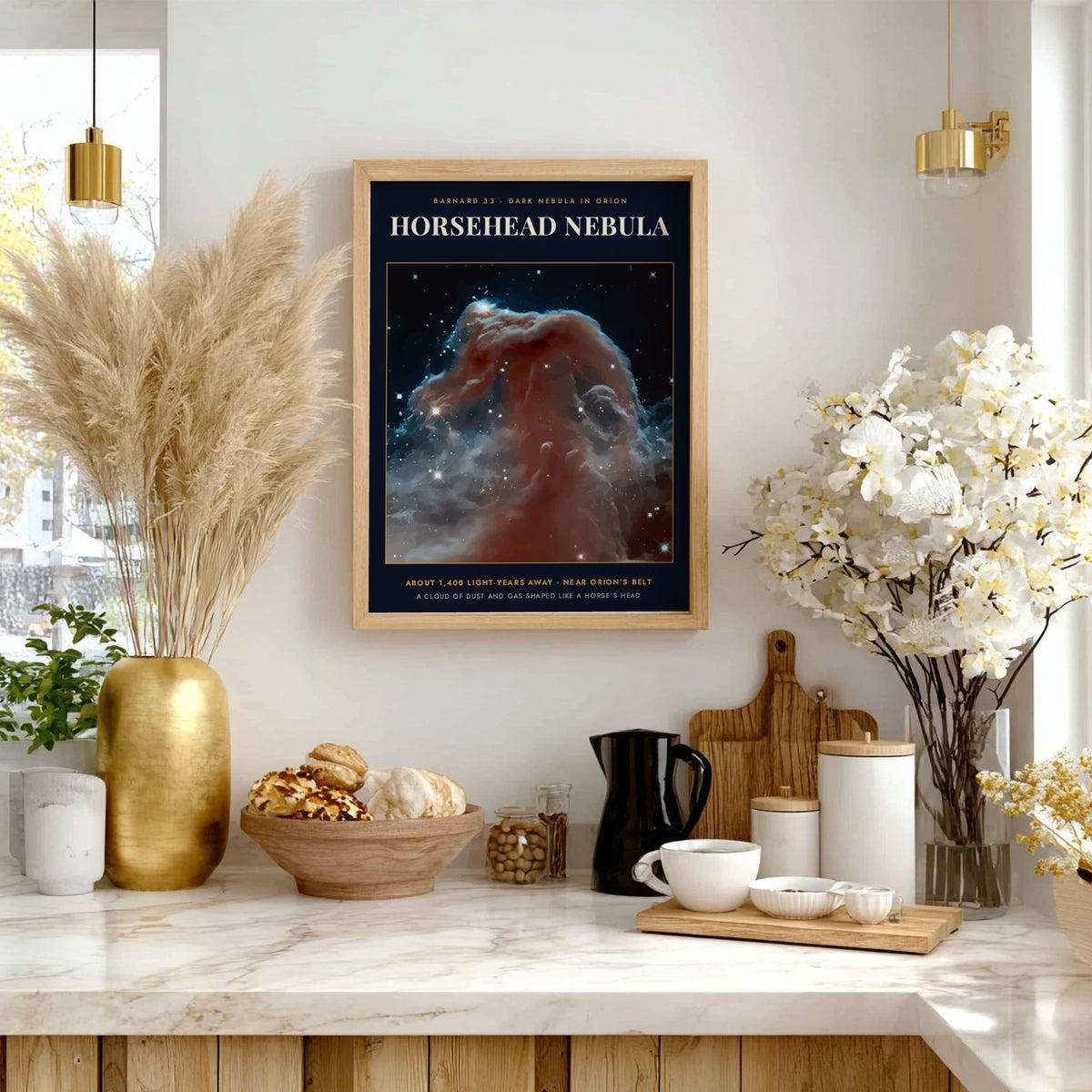 Horsehead Nebula poster featuring swirling dust clouds and bright stars against a dark background.
