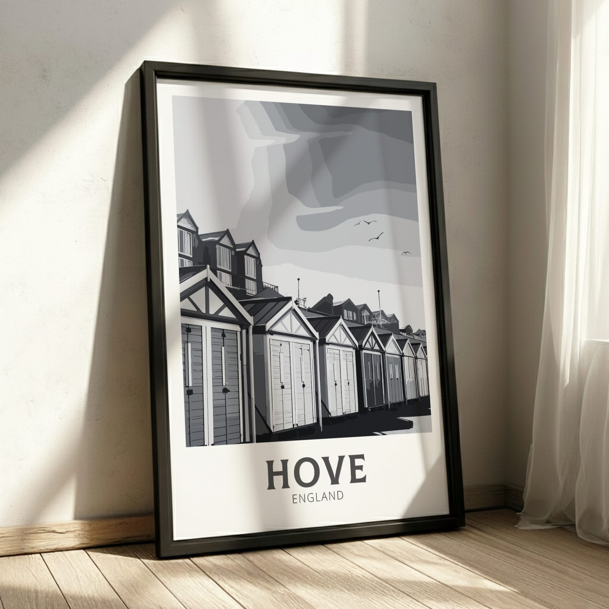 Hove black and white travel poster on a black frame
