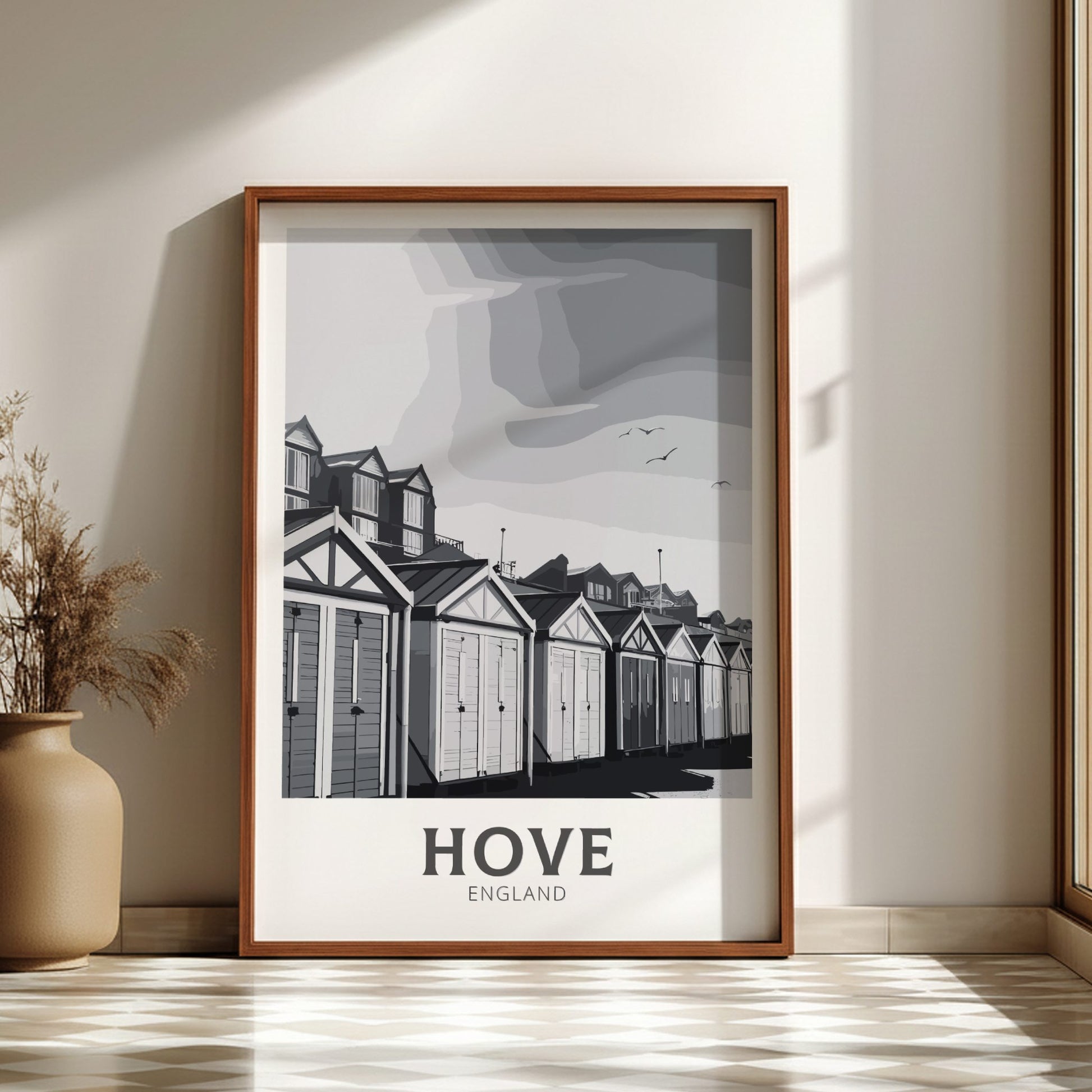 Hove black and white travel poster on a dark wood frame