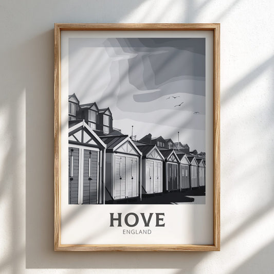 Hove black and white travel poster on a natural oak frame