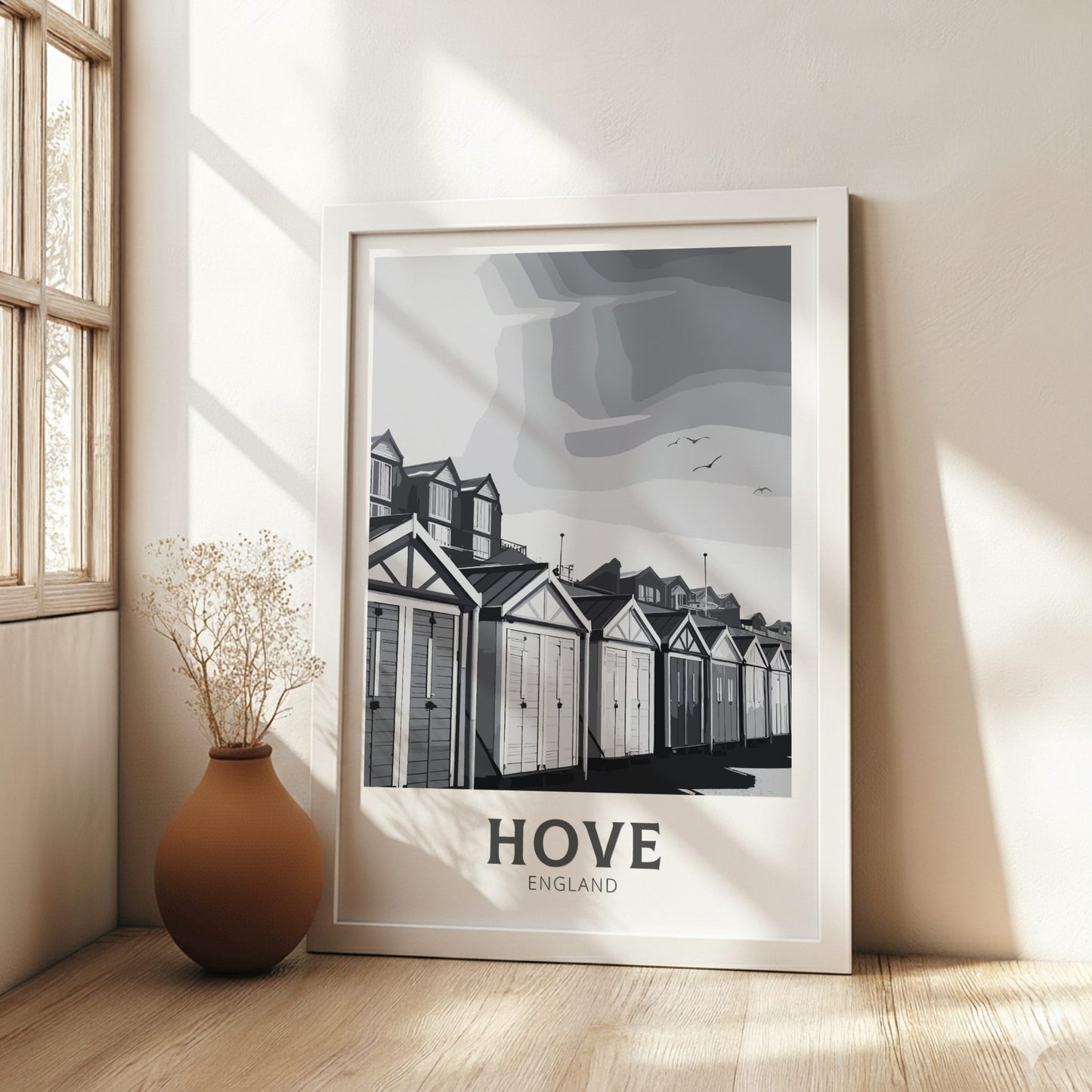 Hove black and white travel poster on a white frame
