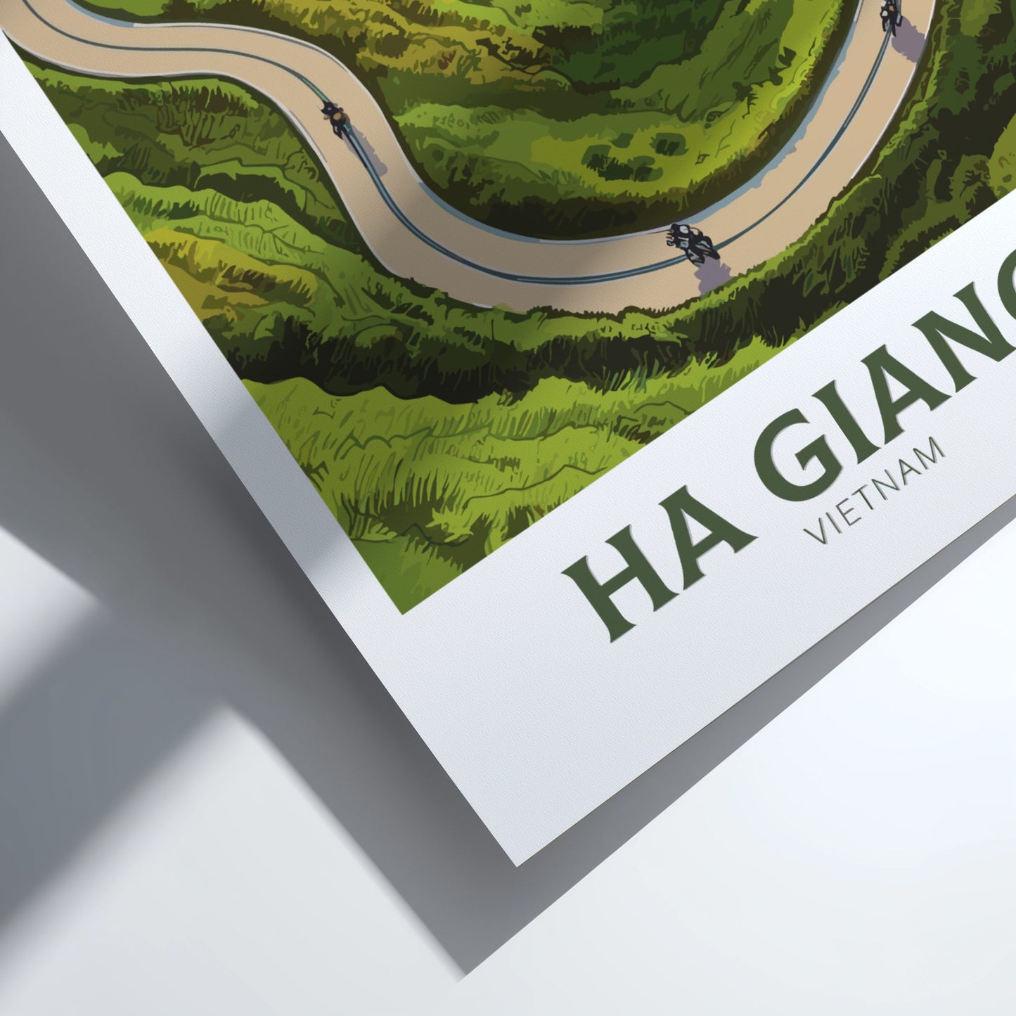 Poster of a winding road in Ha Giang, Vietnam with greenery.