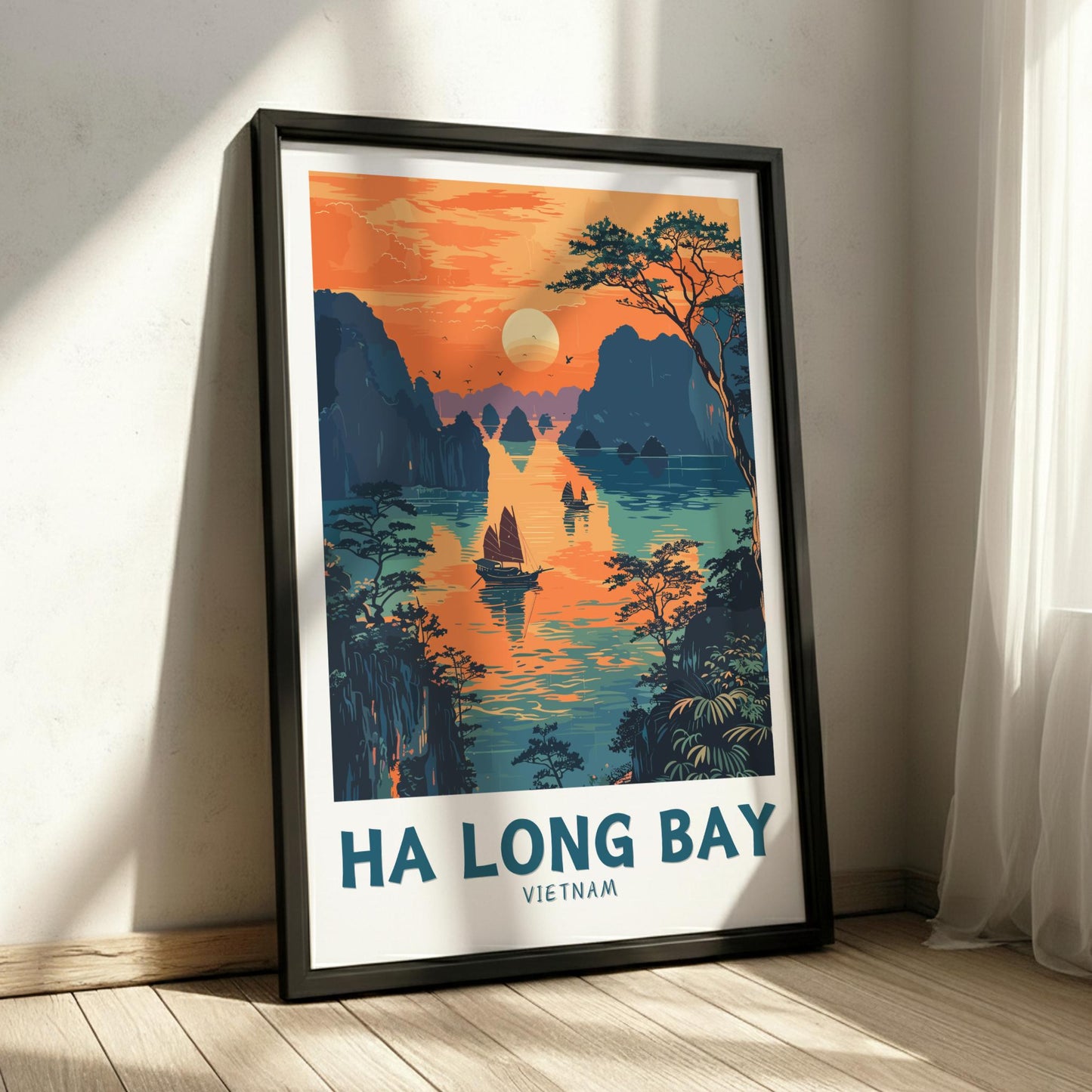 Framed poster of Ha Long Bay, Vietnam with a scenic sunset over water and mountains.