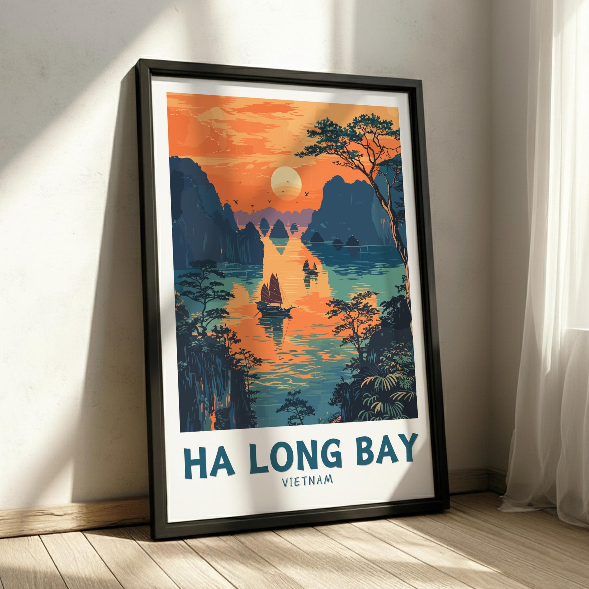 Framed poster of Ha Long Bay, Vietnam with a scenic sunset over water and mountains.