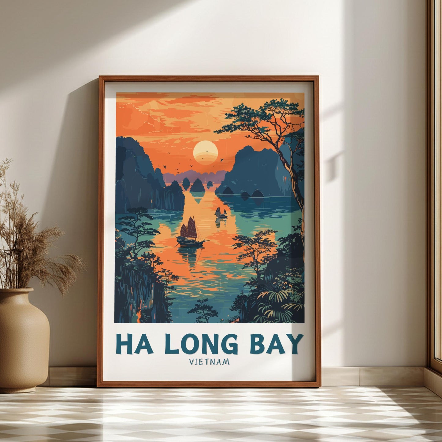 Framed artwork of Ha Long Bay, Vietnam with a sunset over water and mountains.