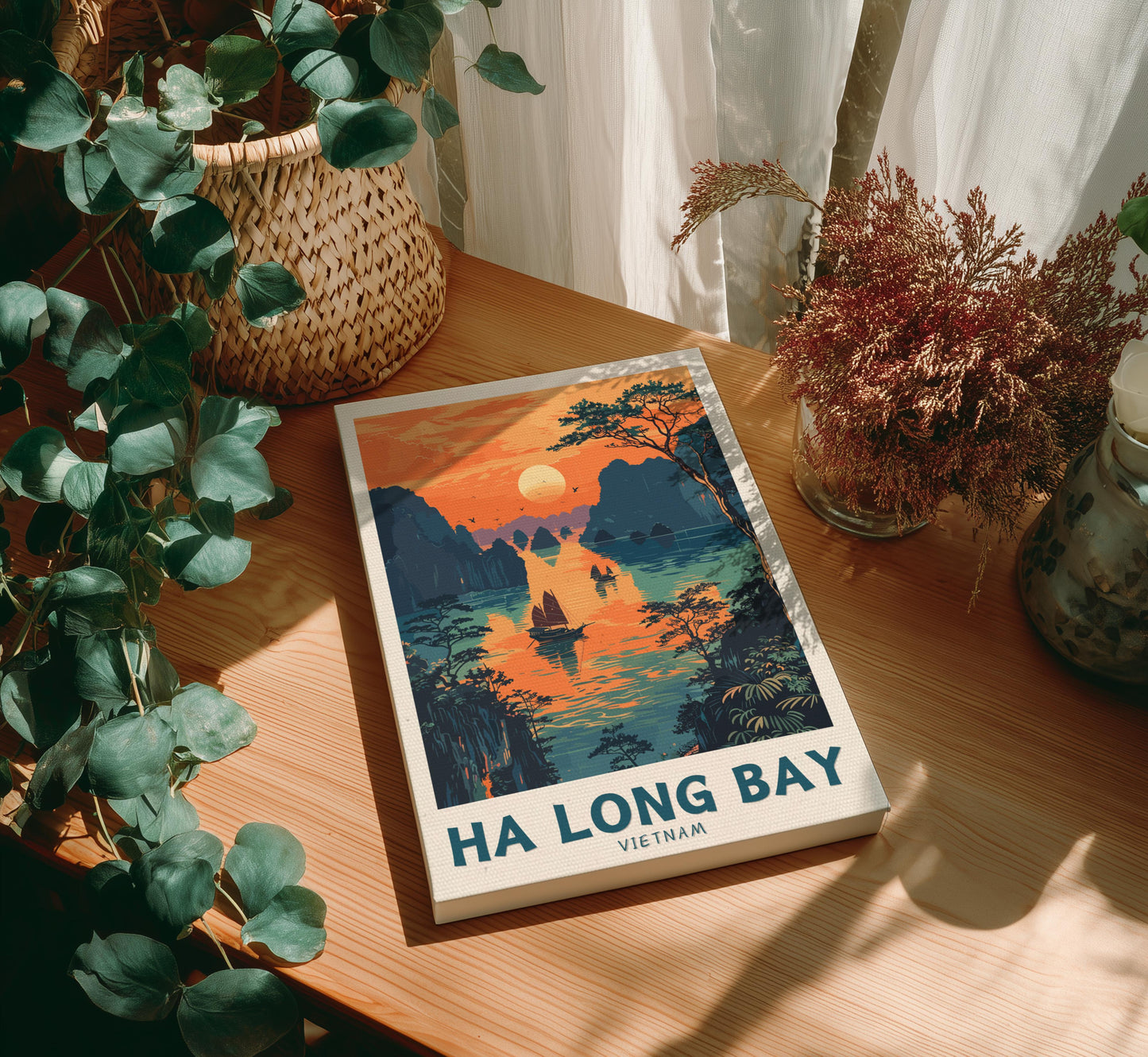 Canvas 'Ha Long Bay, Vietnam' on a wooden table with plants around