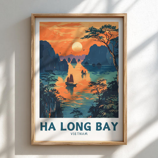 Framed artwork of Ha Long Bay, Vietnam with a sunset over water and mountains.