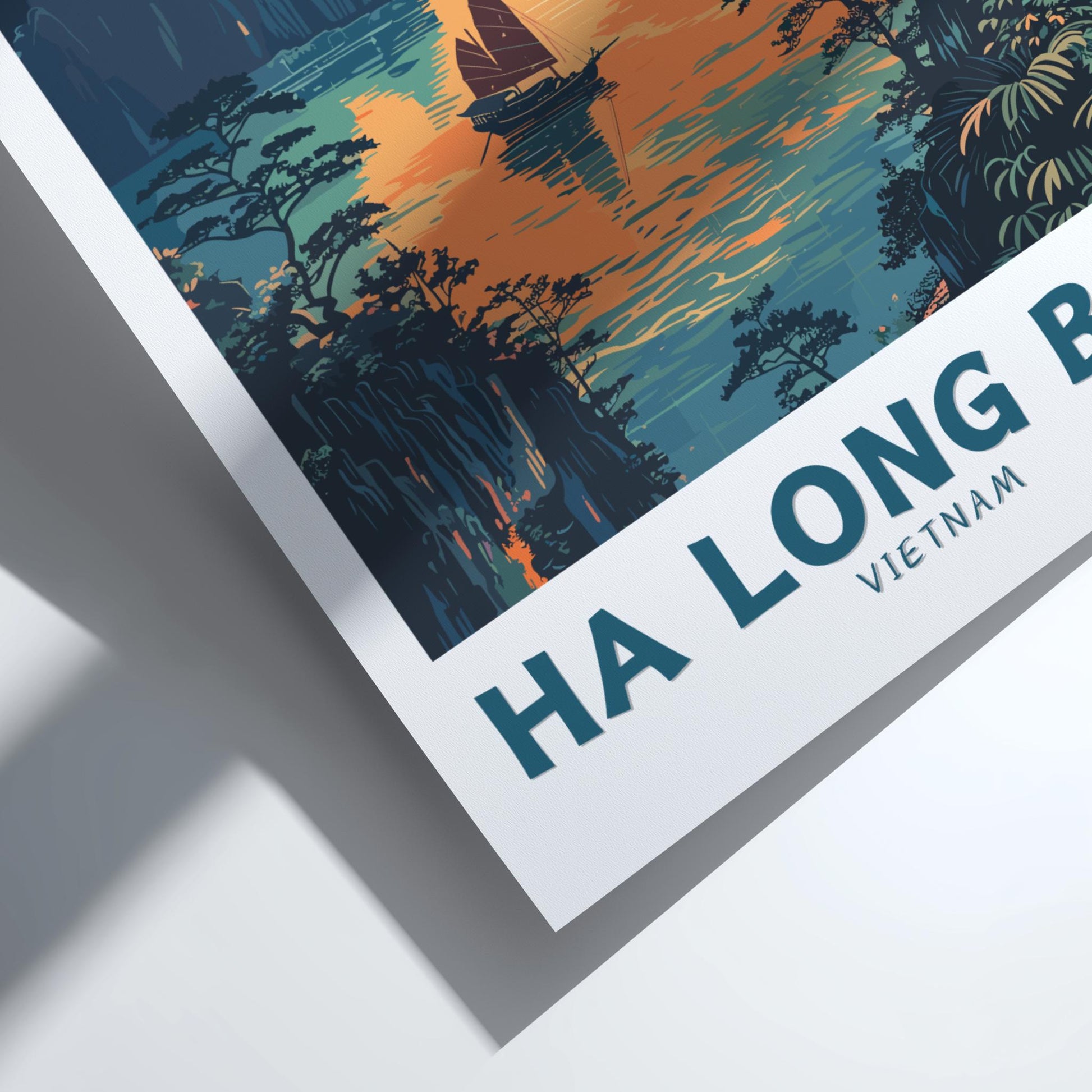 Poster of Ha Long Bay, Vietnam with a sailboat and forest silhouette.