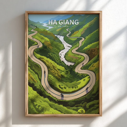 Framed artwork of a winding road through green hills with 'Ha Giang, Vietnam' text.