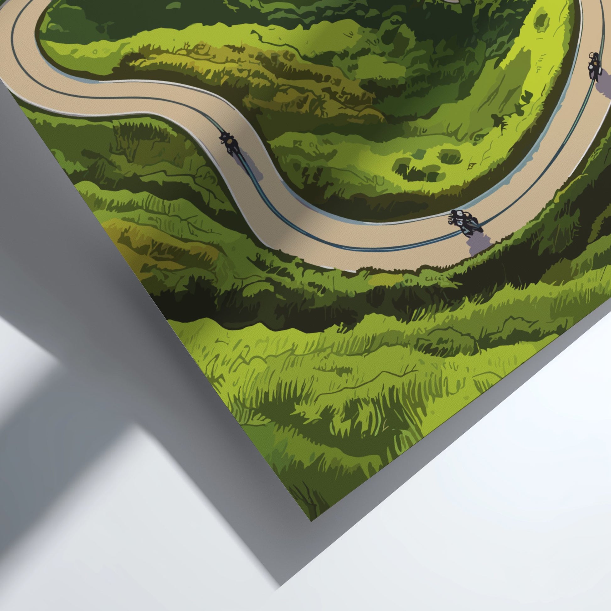 Winding road through a green landscape with vehicles on a white background
