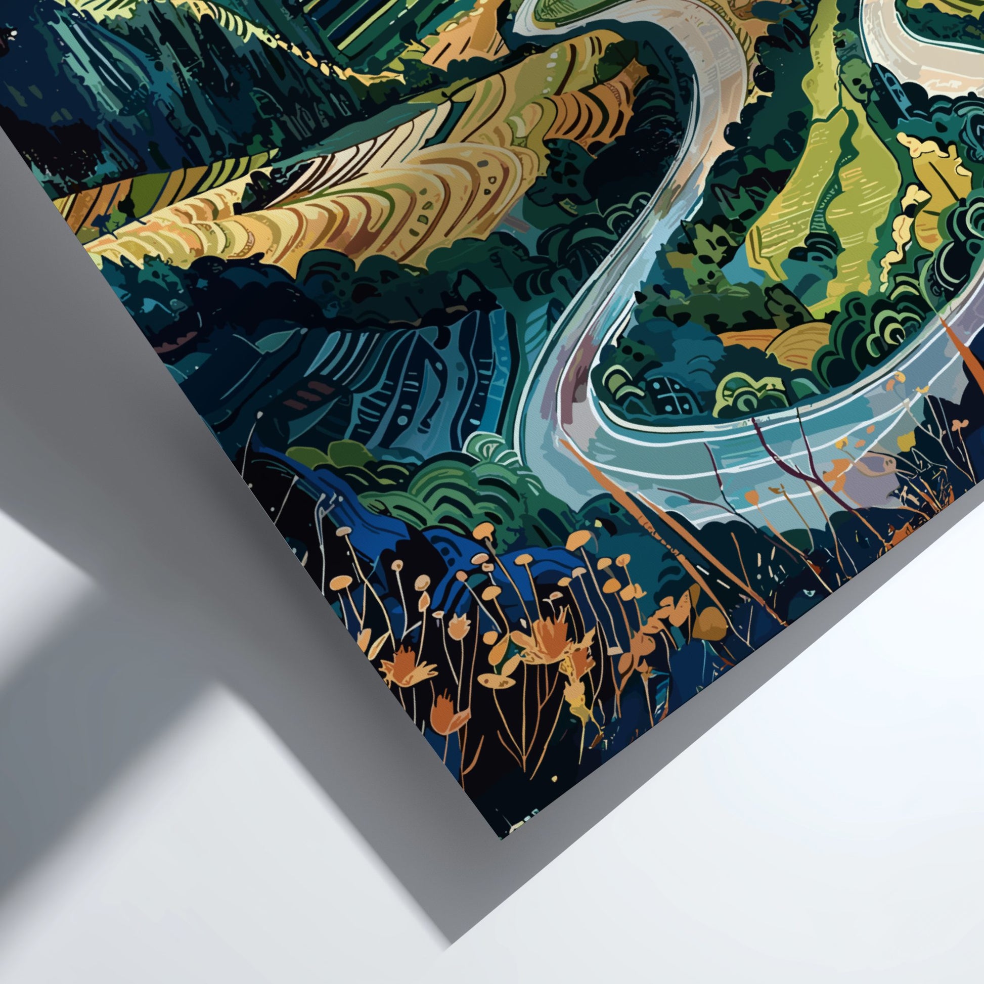 Colorful abstract artwork with winding road and natural elements on a white background