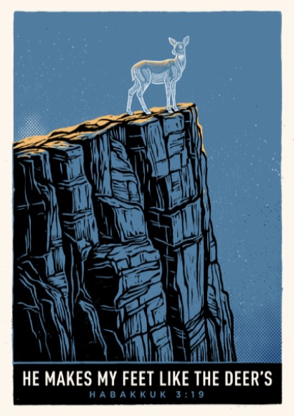 Poster featuring a deer standing on a high cliff under a blue sky.
