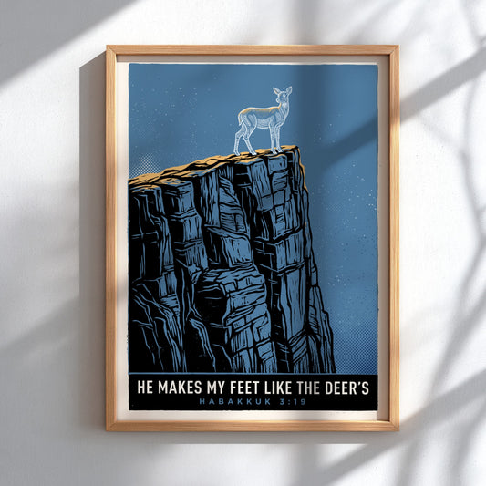 Poster featuring a deer standing on a high cliff under a blue sky.