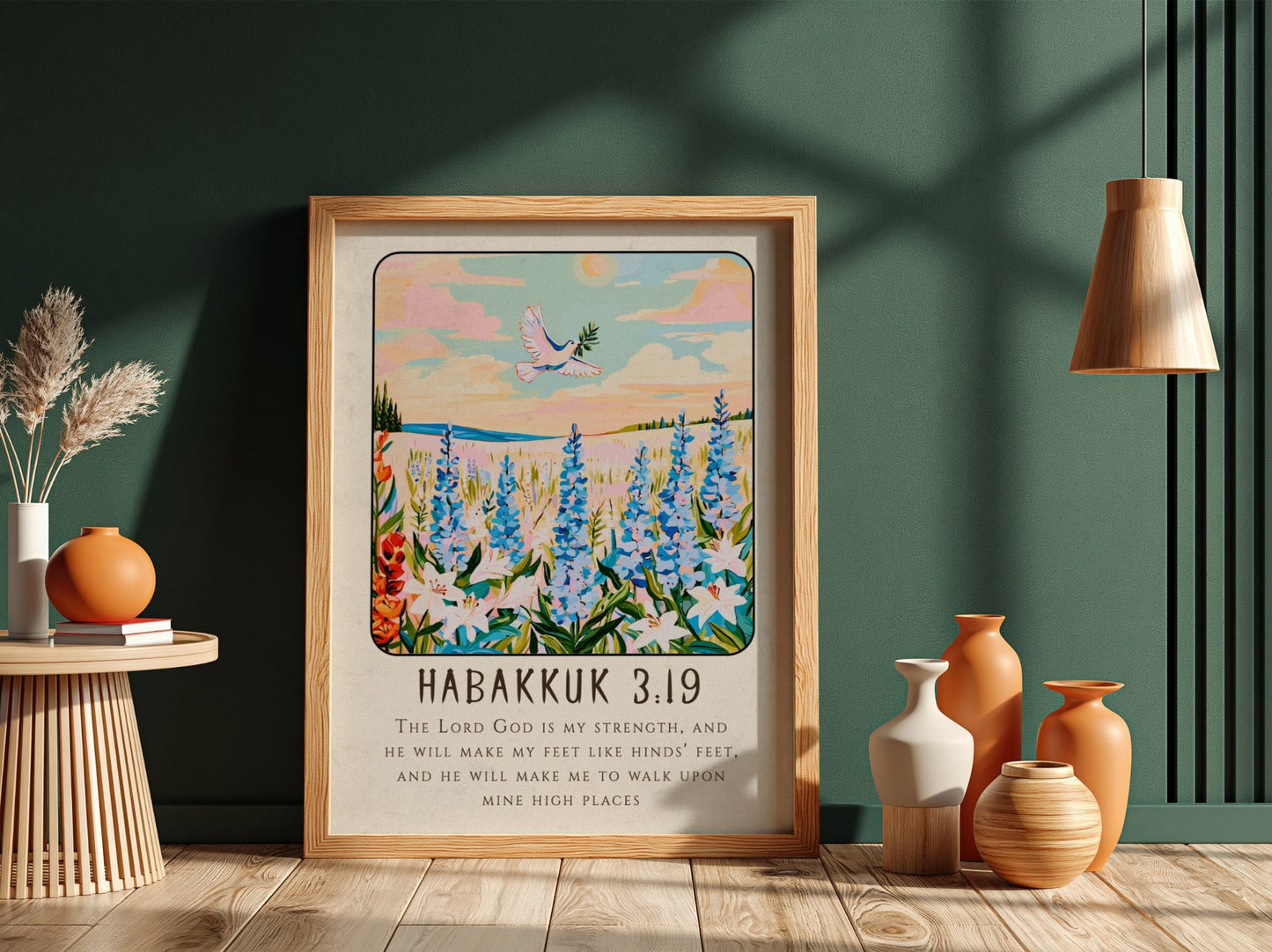 Habakkuk 3:19 poster featuring wildflowers and a dove, inspirational Christianity art