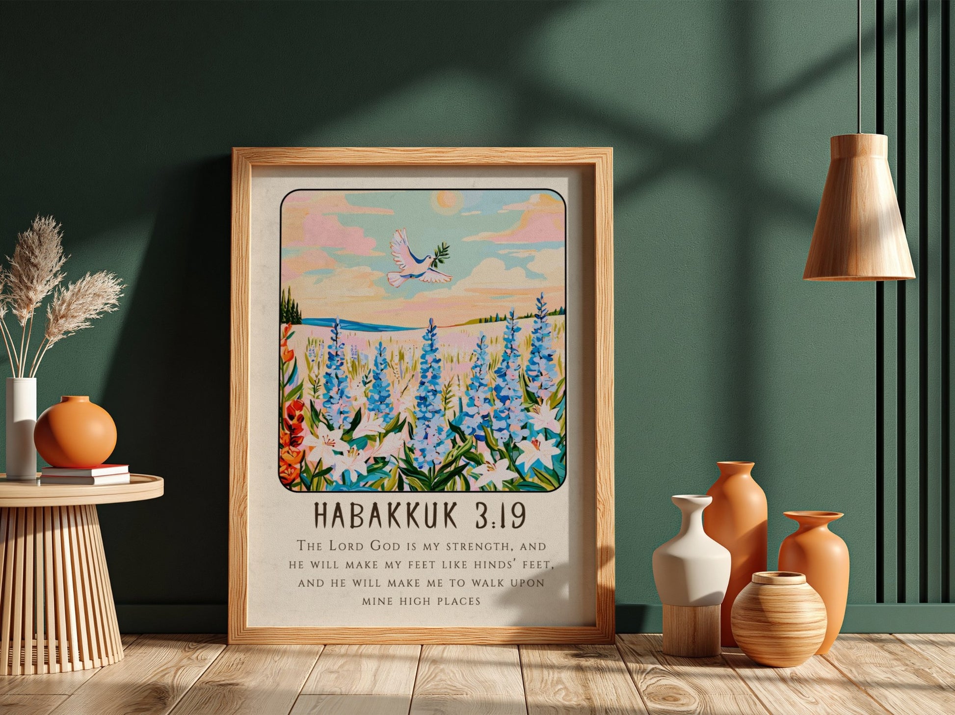 Habakkuk 3:19 poster featuring wildflowers and a dove, inspirational Christianity art