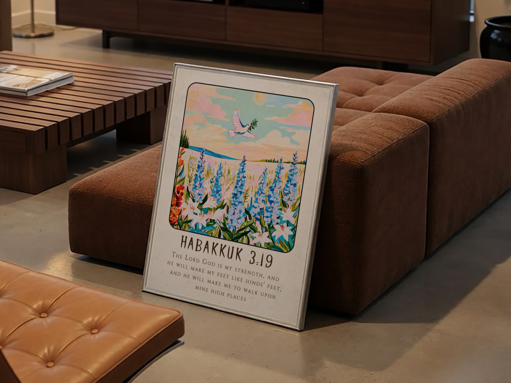 Habakkuk 3:19 poster featuring wildflowers and a dove, inspirational Christianity art