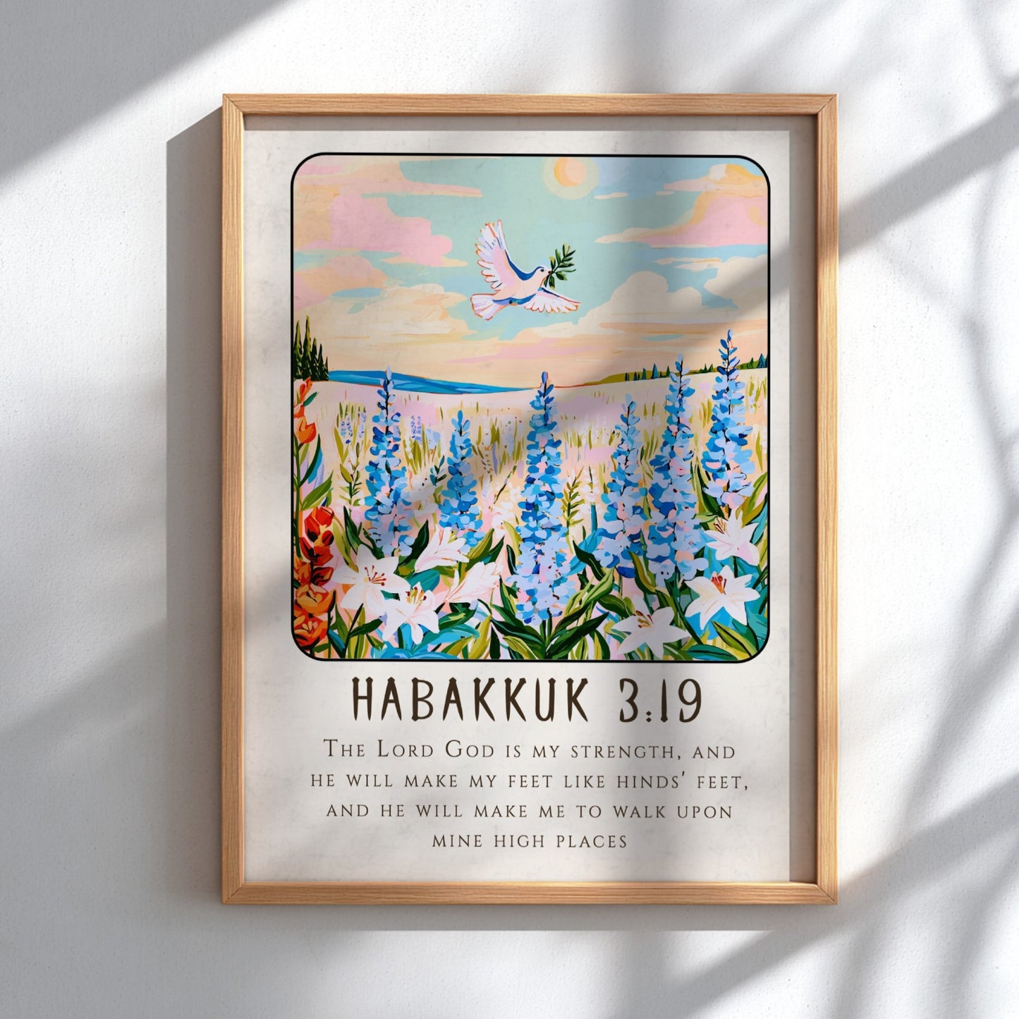 Habakkuk 3:19 poster featuring wildflowers and a dove, inspirational Christianity art