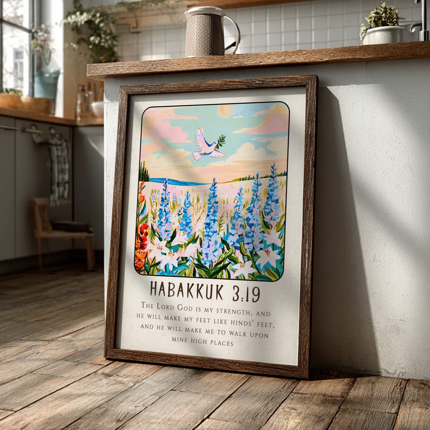 Habakkuk 3:19 poster featuring wildflowers and a dove, inspirational Christianity art