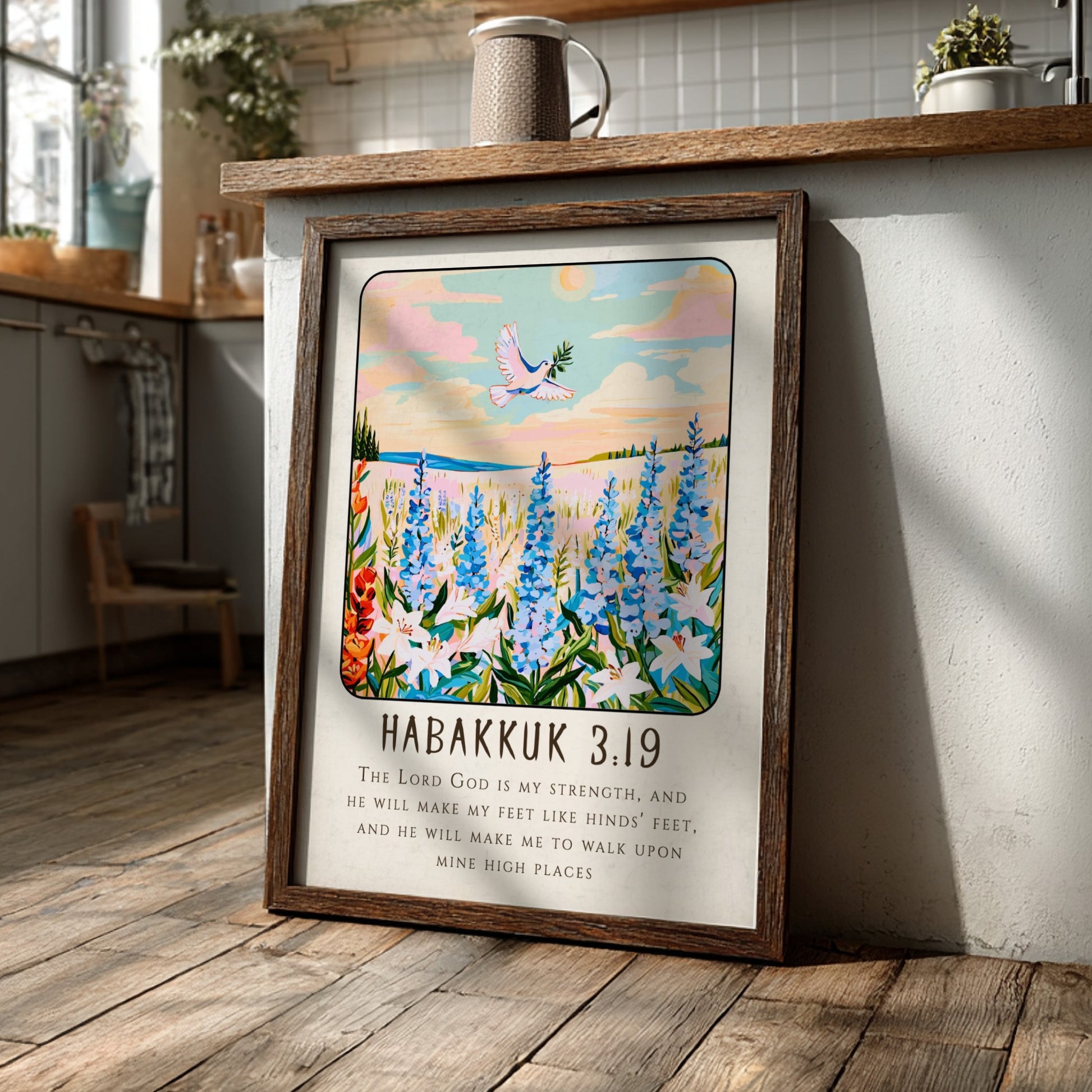 Habakkuk 3:19 poster featuring wildflowers and a dove, inspirational Christianity art