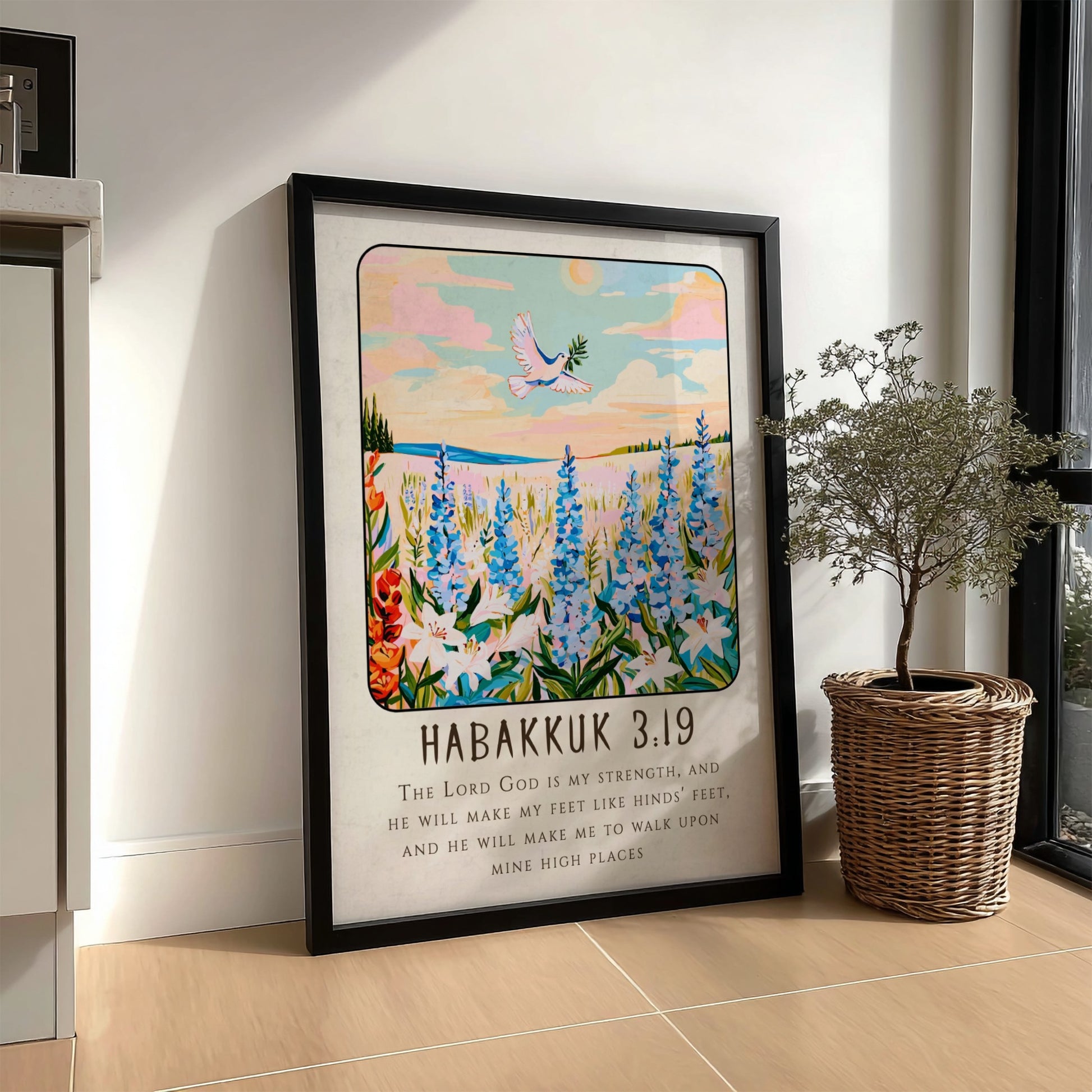 Habakkuk 3:19 poster featuring wildflowers and a dove, inspirational Christianity art