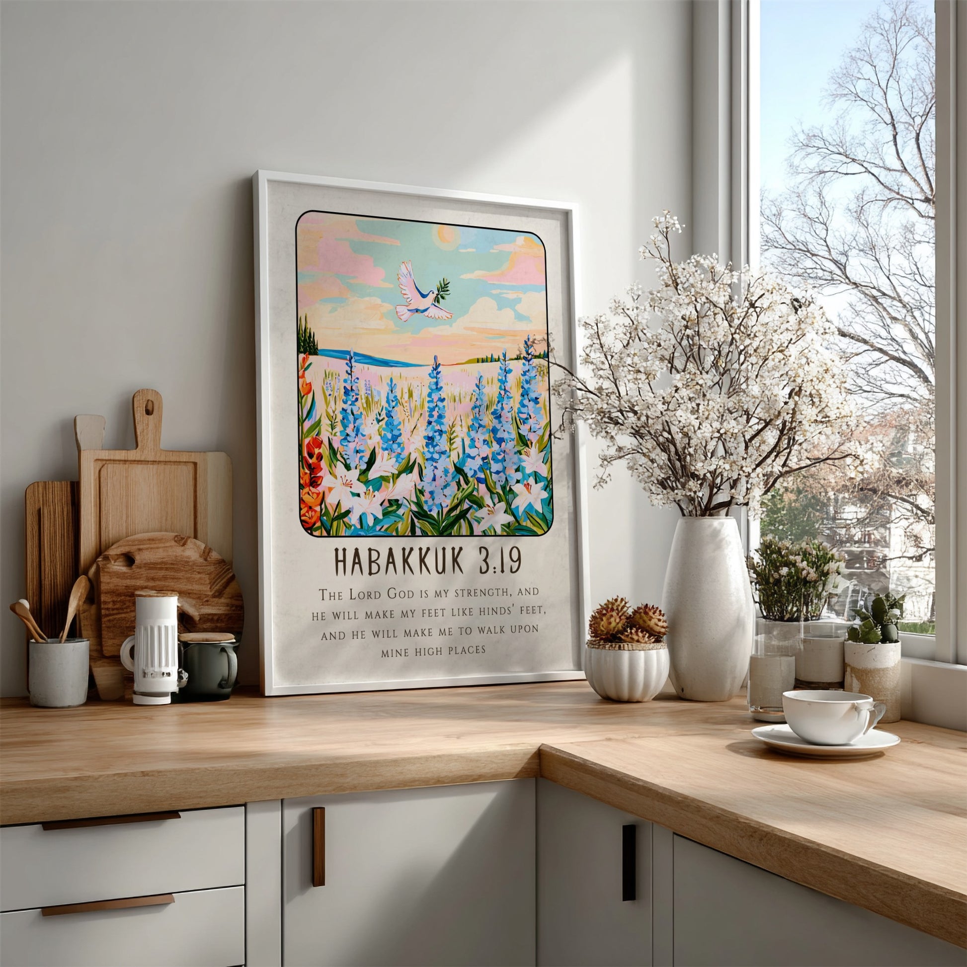 Habakkuk 3:19 poster featuring wildflowers and a dove, inspirational Christianity art