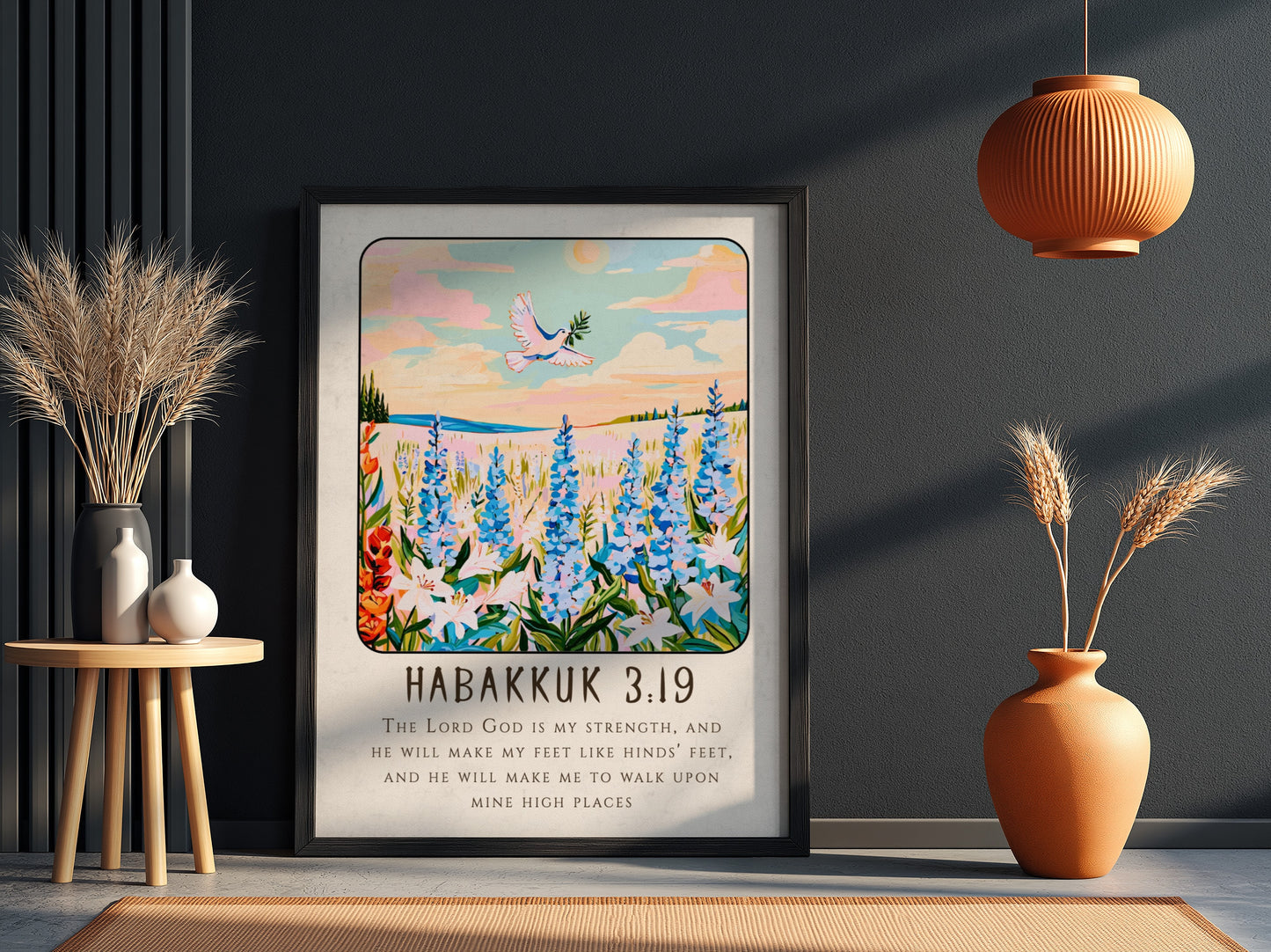 Habakkuk 3:19 poster featuring wildflowers and a dove, inspirational Christianity art