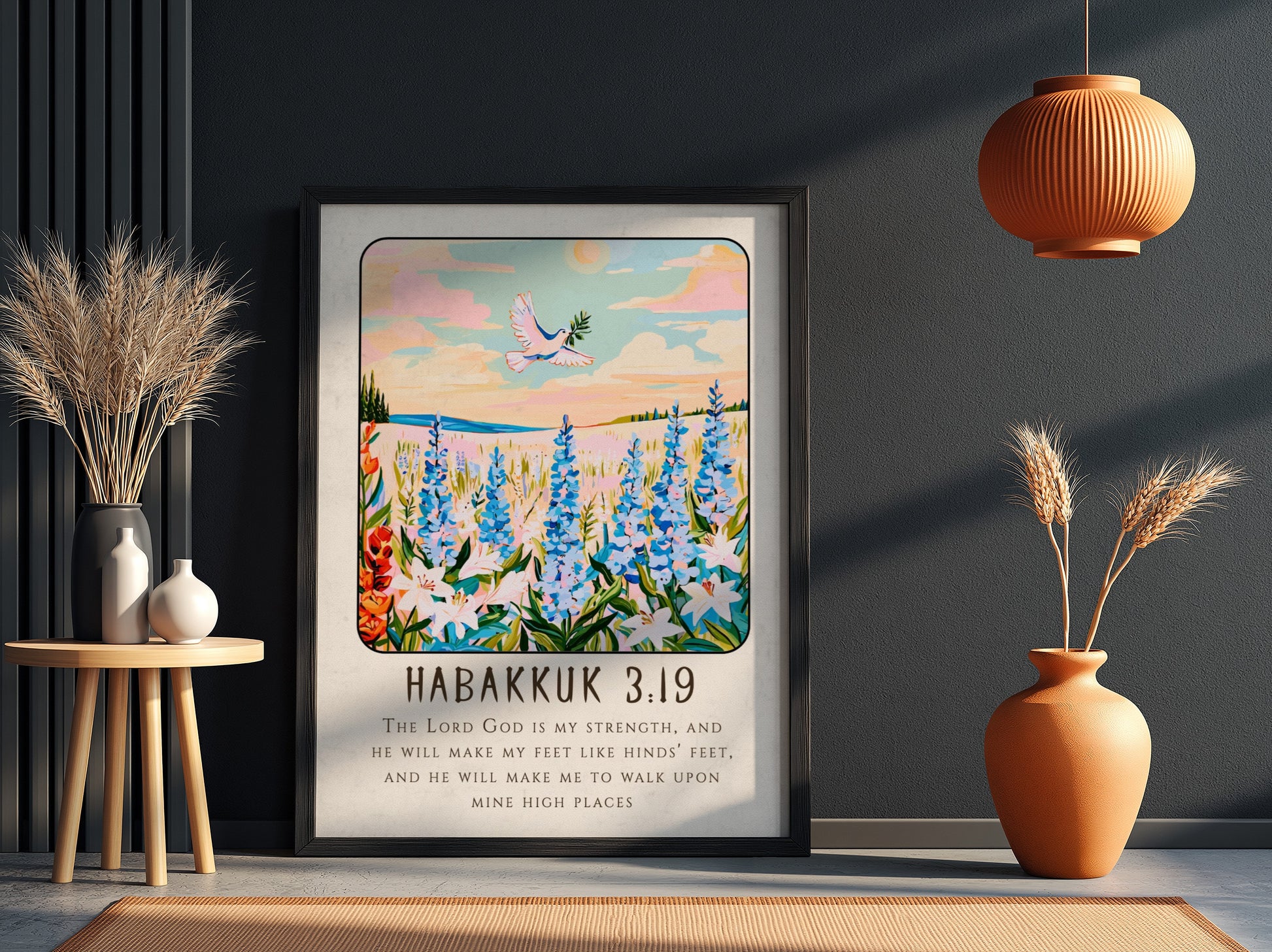 Habakkuk 3:19 poster featuring wildflowers and a dove, inspirational Christianity art