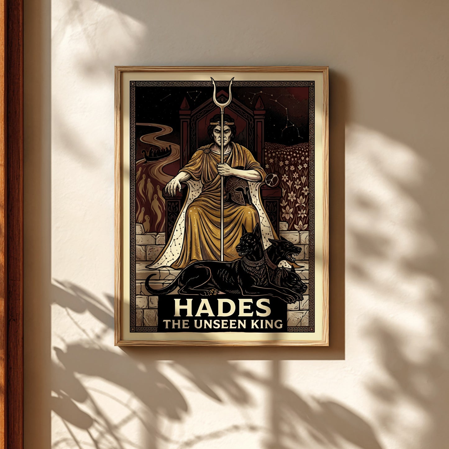 Hades Greek Mythology poster featuring the god on his throne with Cerberus and underworld imagery, dark