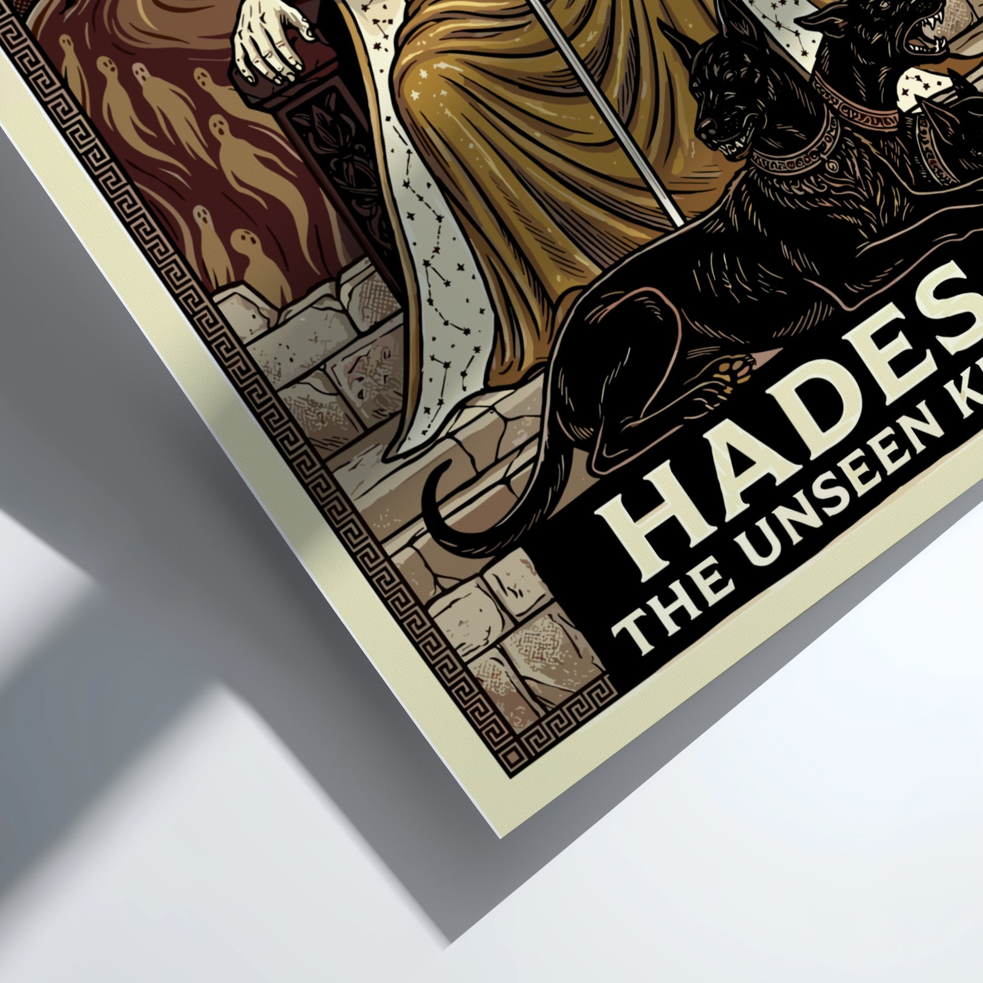 Hades Greek Mythology poster featuring the god on his throne with Cerberus and underworld imagery, dark