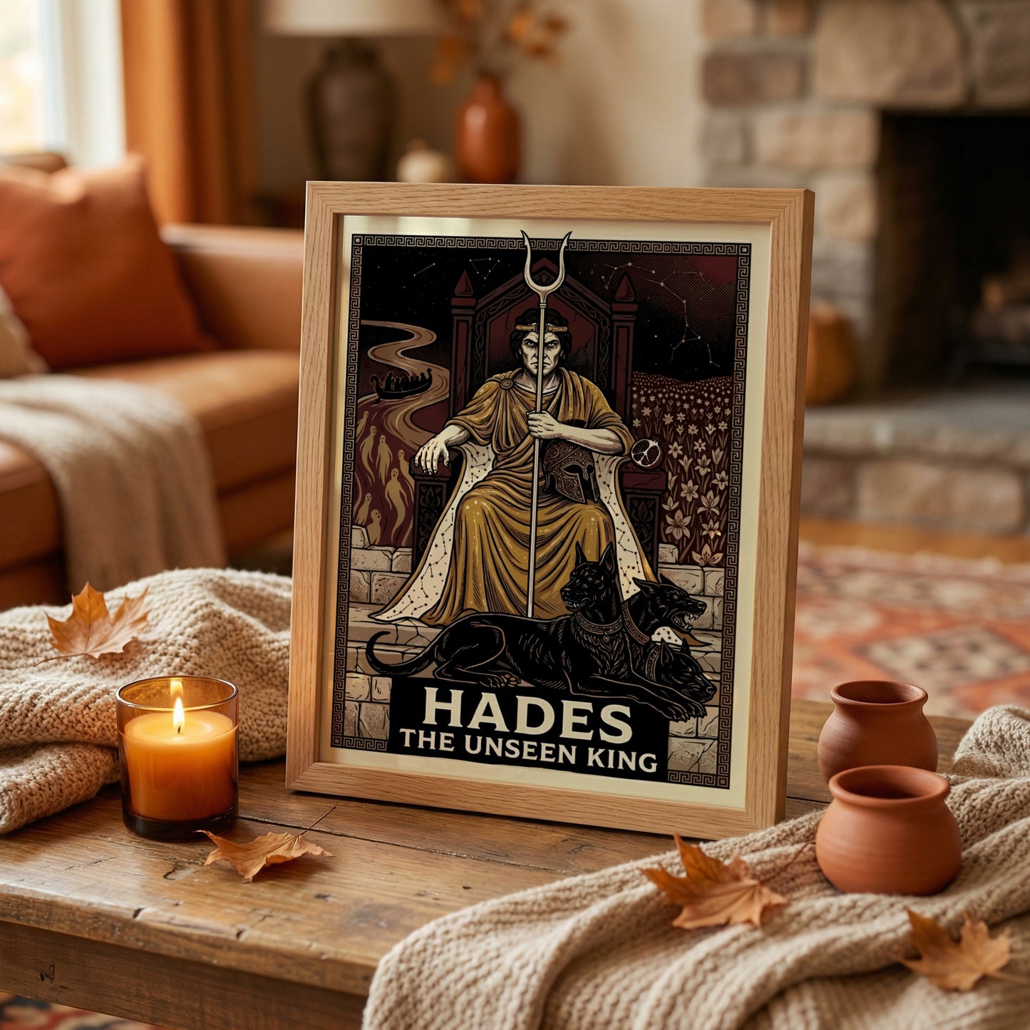 Hades Greek Mythology poster featuring the god on his throne with Cerberus and underworld imagery, dark