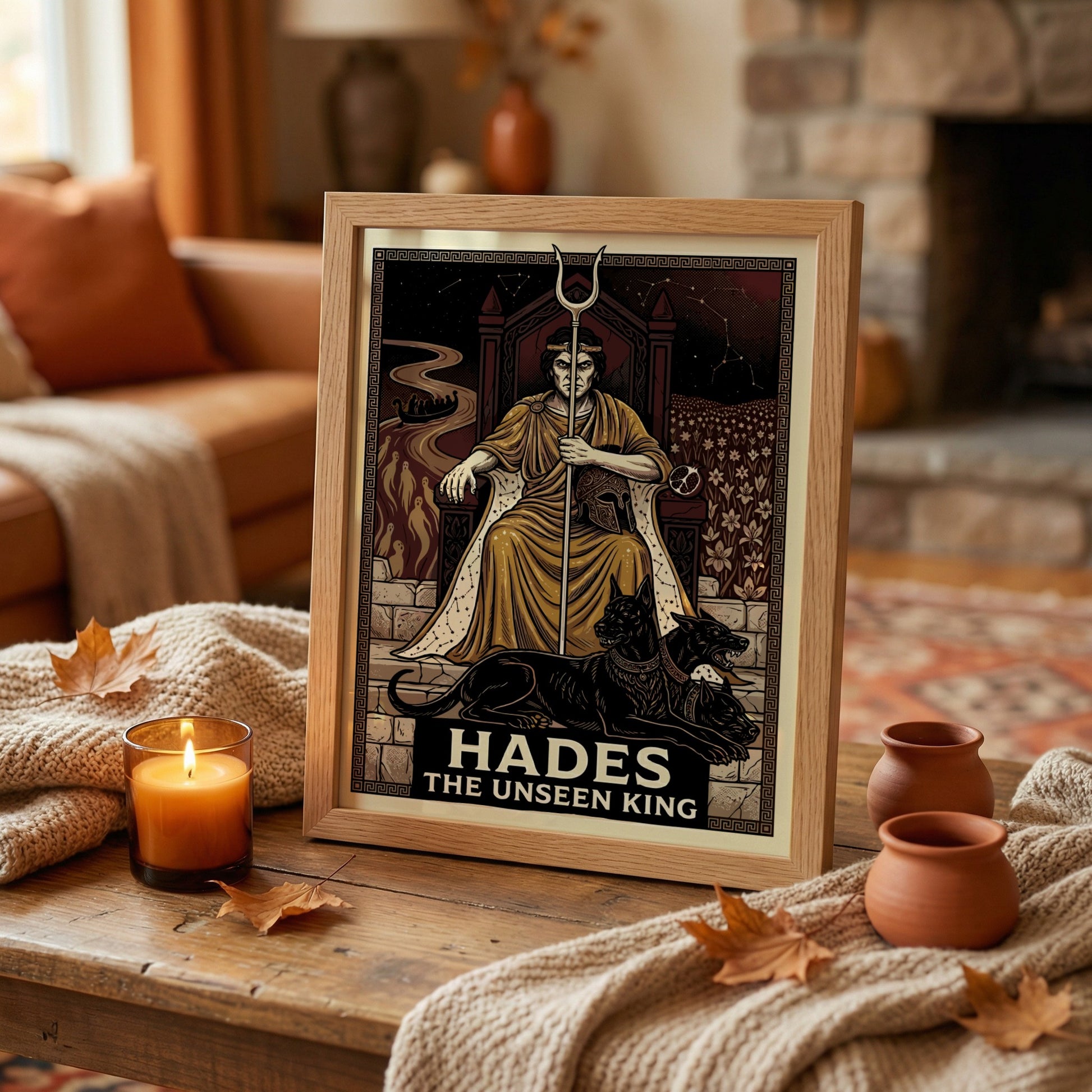 Hades Greek Mythology poster featuring the god on his throne with Cerberus and underworld imagery, dark