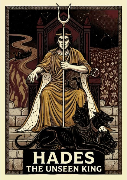 Hades Greek Mythology poster featuring the god on his throne with Cerberus and underworld imagery, dark