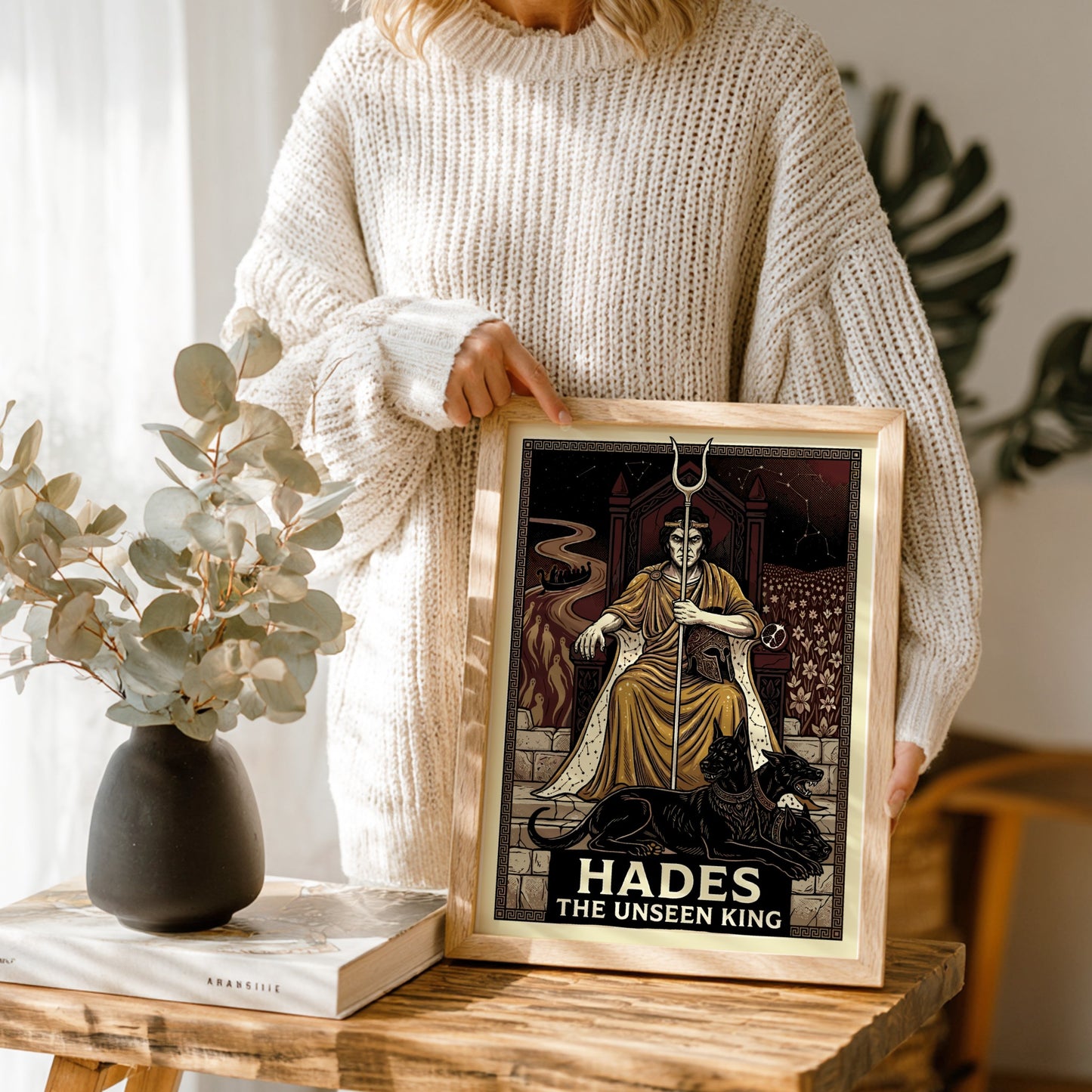 Hades Greek Mythology poster featuring the god on his throne with Cerberus and underworld imagery, dark